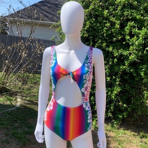 💋NWT All Things Mochi Hawaiian Rainbow Hibiscus Floral Print 1Pc Swim Suit - Picture 1 of 15